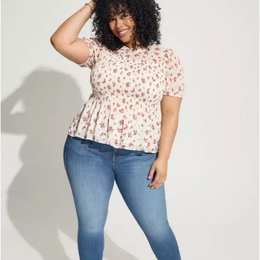Torrid Chiffon Ruffle Mock Neck Smocked Crop Top - Picture 2 of 5